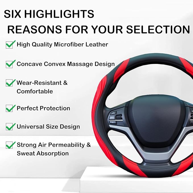 Concave Convex Massage Black Red Microfiber Leather Steering Wheel Cover, 14.5-15 Inch Non-Slip Breathable Microfiber Car Ste