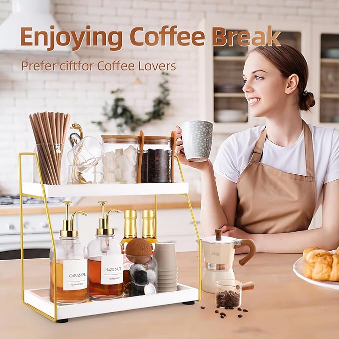 DWTS Coffee Bar Accessories,Coffee Station Organizer with Multi-Functional,CoffeeBar Decor for Accessories,2 Tier Wooden Shel