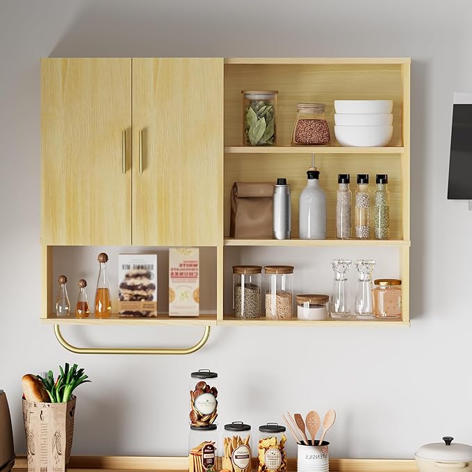Bathroom Wall Cabinet Wood Large Wall Mounted Medicine Cabinet with 2 Doors and 4 Open Shelves Over Toilet Storage Cabinet Or