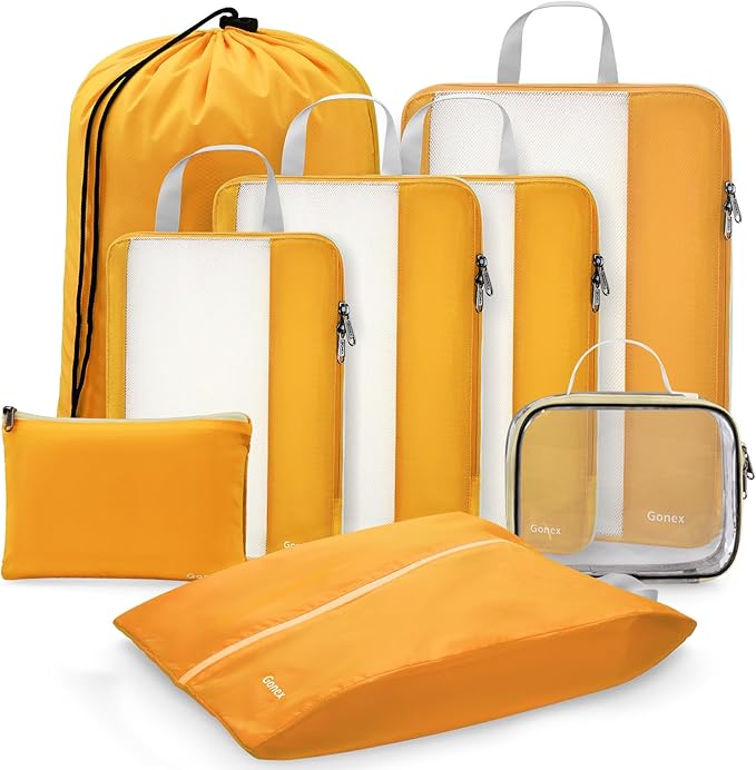 Gonex 8 Set Expandable Mesh Packing Cubes for Travel - Compression Packing Organizers with Toiletry, Laundry, Shoe & Cable Ba
