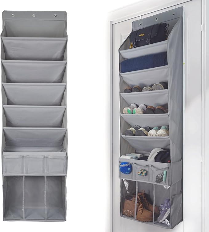3in1 Over The Door Shoe Organizer with 5 Slanted Compartments,Removable Storage Bin & Transparent Pockets,Thickened Waterproo