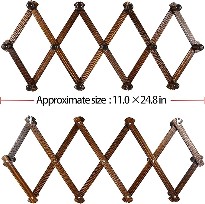 AMAPON Accordion Style Expandable Wall Wooden Coat Rack 13 Hooks (Pegs) Hang Hats Jackets Coffee Mug Purses Necklaces Towels 