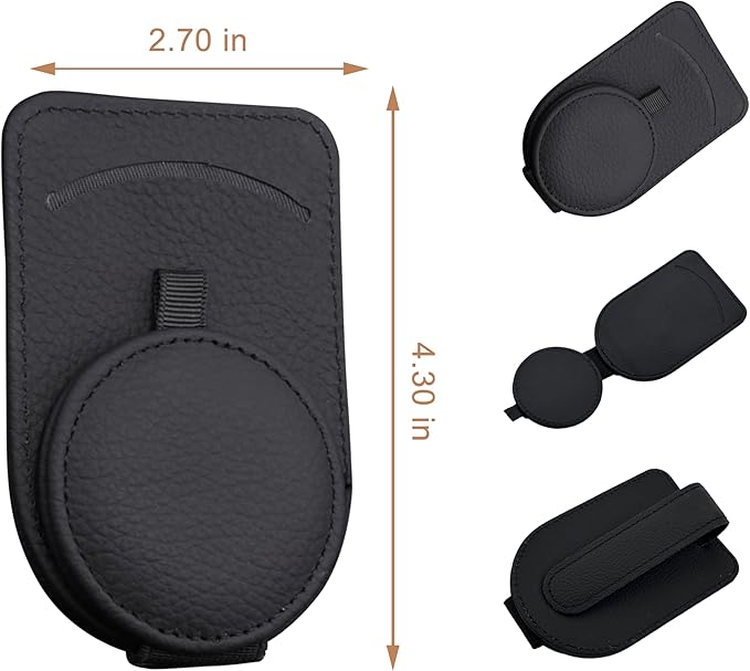 Sunglasses Holder for Car, Genuine Leather, Magnetic Closure, Card Pocket, Universal Fit for All Glasses, Black, Sun Visor Organizer