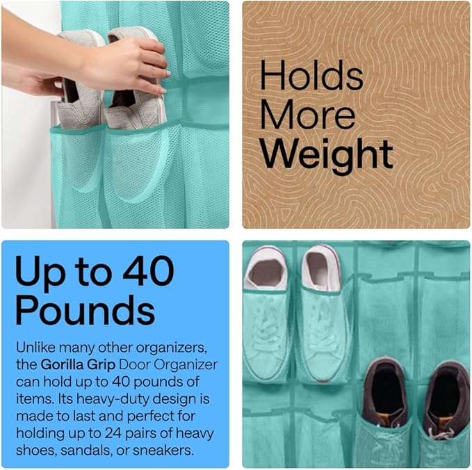GORILLA GRIP Over the Door Shoe Organizer, 24 Large Breathable Mesh Pockets, Space Saving Hanging Storage Holder, Closet Rack