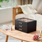 pickpiff Jewelry Box Organizer Case for Women: 3-Layer Jewelry Storage Case with Glass Window, Black Leather with Blush Velve