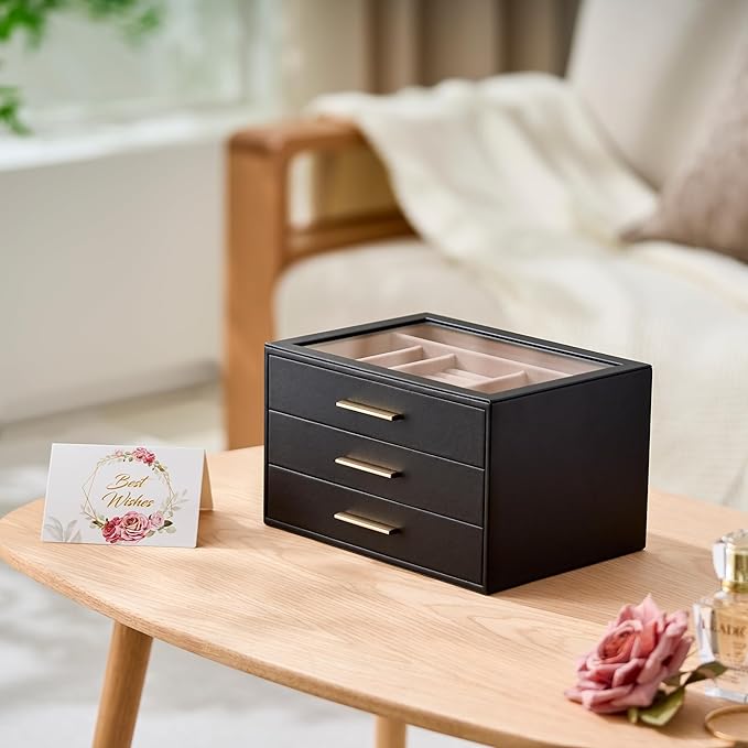 pickpiff Jewelry Box Organizer Case for Women: 3-Layer Jewelry Storage Case with Glass Window, Black Leather with Blush Velve