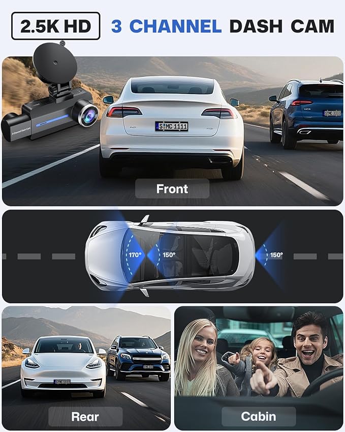 Dash Cam Front and Rear 2.5K/1440P, 3 Channel Dash Camera for Cars Dash Cam Front Rear and Inside with 32GB Card, 3.16" IPS S
