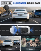 Dash Cam Front and Rear 2.5K/1440P, 3 Channel Dash Camera for Cars Dash Cam Front Rear and Inside with 32GB Card, 3.16" IPS S