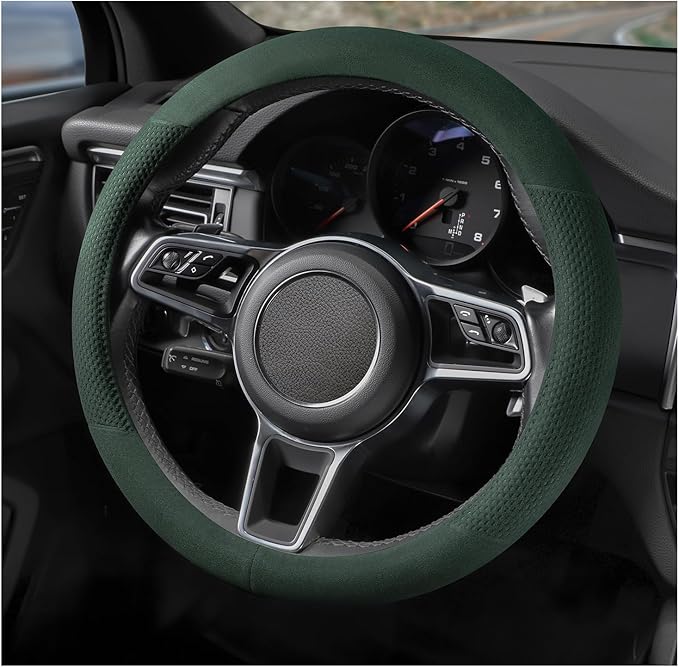 Suede Steering Wheel Cover with Upgraded Silicone Inner Ring, Breathable, Anti-Slip, Leather Universal 14.5 to 15 Inch Steeri