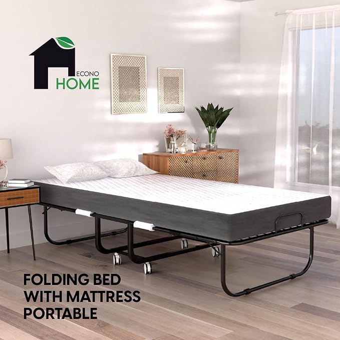 EconoHome Folding Bed with Mattress - 75x31 Cot Size Frame - Portable Rollaway Guest Bed with 5-inch Memory Foam Mattress - S