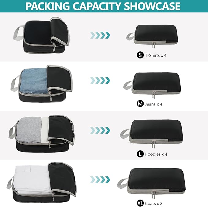 Compression Packing Cubes for Travel, 4 Set Expandable Packing Organizers, Lightweight Luggage Organizer Bags, Travel Essenti