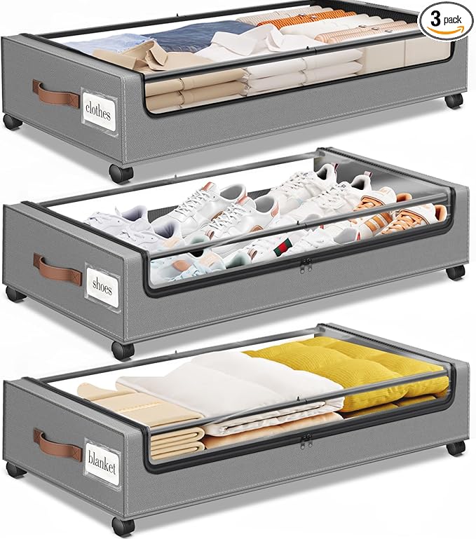 Under Bed Storage with Wheels 3Pack Underbed Storage with Clear Window&Label Under Bed Drawers Large Capacity Rolling Under B