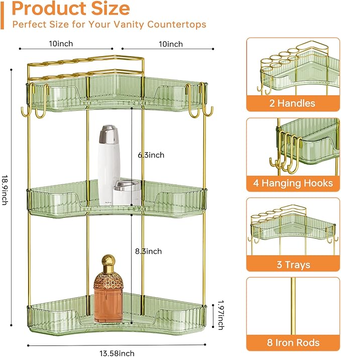 3-Tier Corner Bathroom Counter Organizer，Makeup & Skincare Shelf with Built-in Brush Holder，Space-Saving Bathroom Countertop 