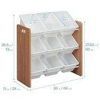 ECR4Kids 3-Tier Organizer with 9 Removable Plastic Bins, 3x3, Toy Storage, Dark Natural/White