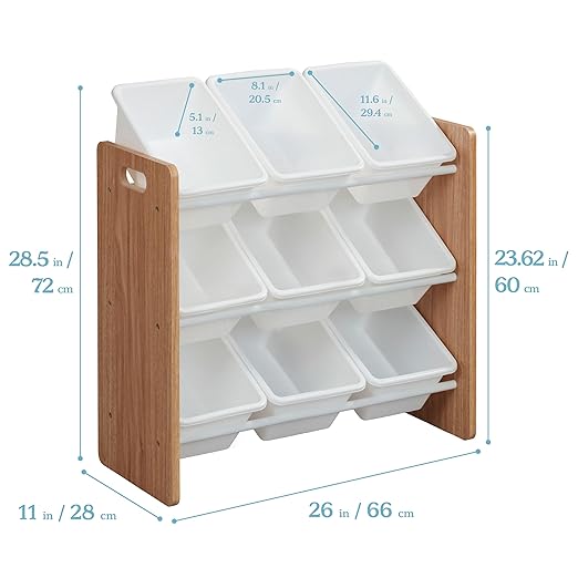 ECR4Kids 3-Tier Organizer with 9 Removable Plastic Bins, 3x3, Toy Storage, Dark Natural/White