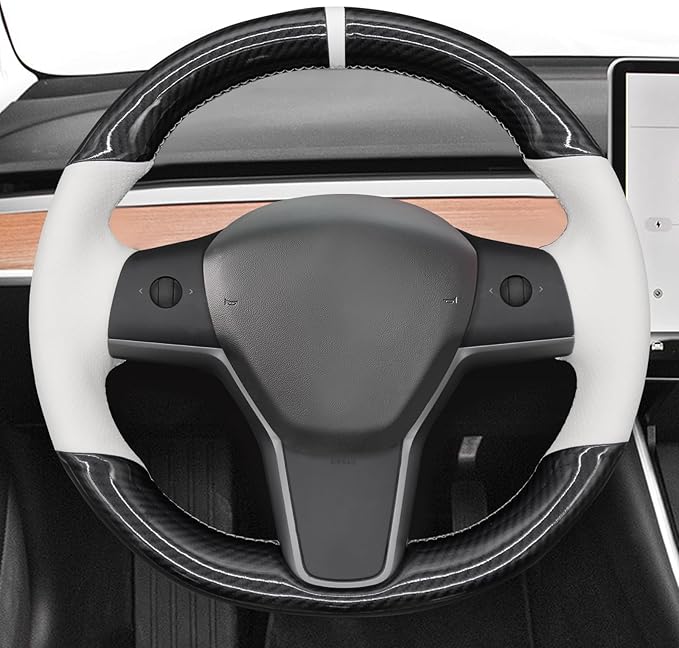 MEWANT Hand Stitched White Leather Tesla Model 3 Steering Wheel Cover for Tesla Model 3 2017-2023 / Model Y 2020-2023 for Tesla Model 3/Y Accessories