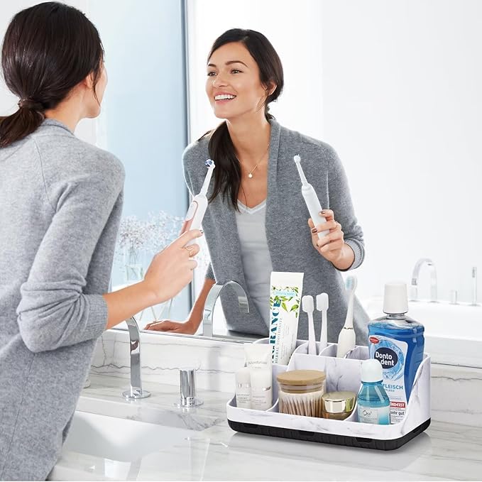 GFWARE Marble Bathroom Countertop Organizer - Detachable 7 Slots Kids Electric Toothbrush and Toothpaste Holde Drainage for B