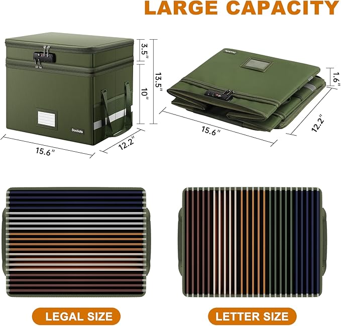 DocSafe File Box with Lock,Multi-Layer Fireproof Document Box Collapsible File Storage Organizer with Pockets/Handle,Portable