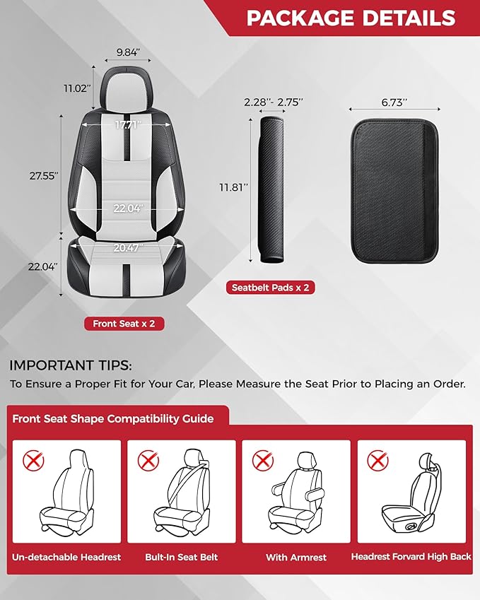 FREESOO Black White Front Car Seat Covers - Faux Nappa Leather Seat Covers for Cars, with Carbon Fiber Texture Seatbelt Pads,