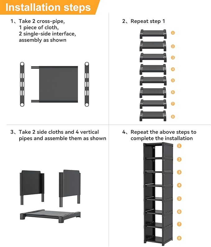 Narrow Shoe Rack 8 Tier, Slim Vertical Shoe Organizer for Small Spaces, Stackable Shoe Storage Shelf with Metal Frame & Fabri