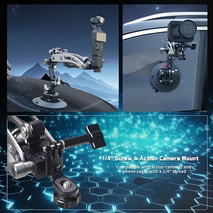 FIFIELD Hydraulic Camera Boom Arm with 6in Vacuum Car Suction Cup Mount, Quick Release NATO Rail, Shock Absorber Arm Compatible with DJI Osmo Pocket 3 Insts360 X5 X4 X3 GoPro Hero
