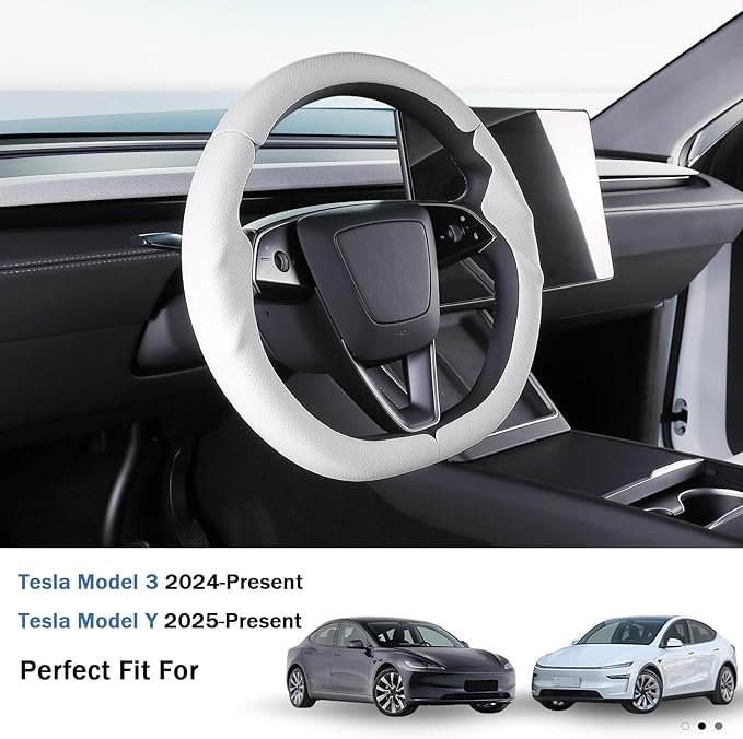 Steering Wheel Cover for Tesla Model 3 2024-Present Highland/Tesla Model Y Juniper 2025-Present, Leather Steering Wheel Cover for Tesla Model 3 Highland/Y Juniper Accessories, White