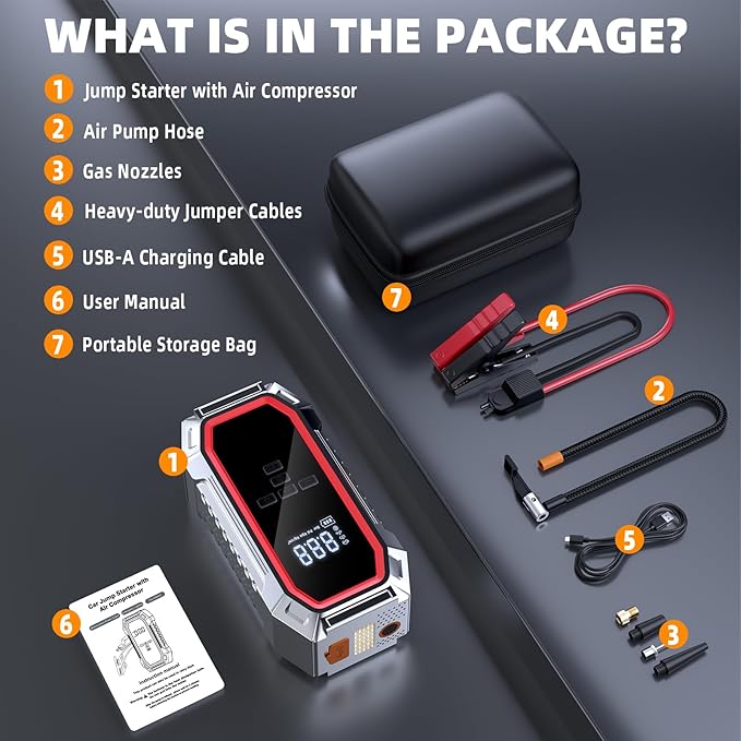 Jump Starter with Air Compressor, 5000A Peak Car Battery Jump Starter(9.0 Gas/8.0L Diesel), 160PSI 12V Jump Box Car Battery