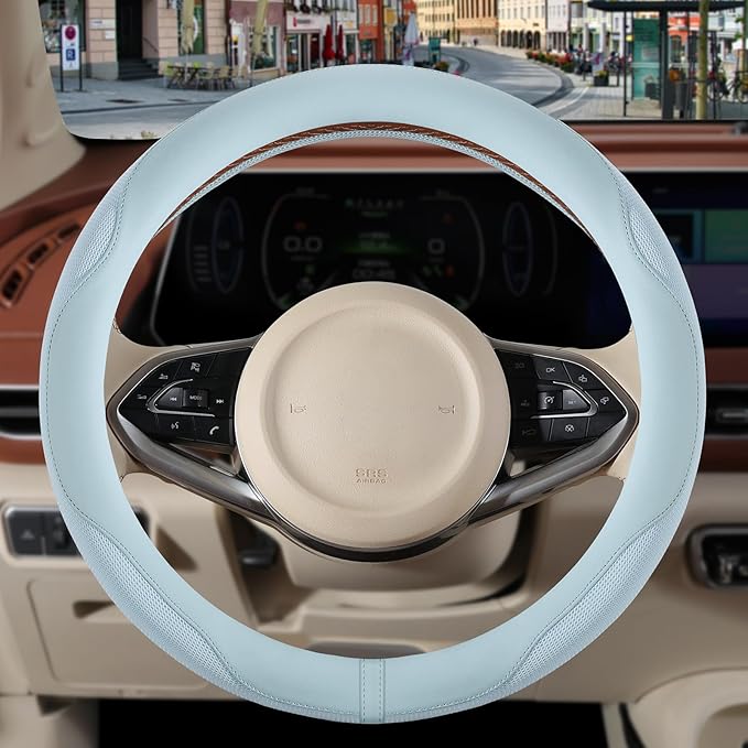 Nappa Leather Steering Wheel Cover, Advanced Microfiber Leather Non-Slip Breathable Fabric, Warm in Winter and Cool in Summer