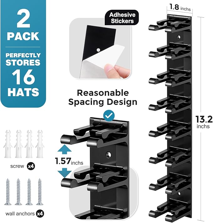 Hat Organizer for Baseball Caps, 2 Pack Hat Rack for Wall Closet Door Hold up to 16 Hats,Hat Holder with Adhesive and 8 Screw
