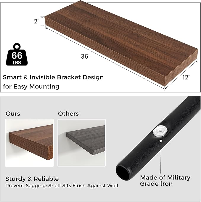 Floating Shelves for Wall, 36 Inch Wide x 12 Inch Deep Floating Shelves, Long Wood Floating Wall Shelf Shelves for Living Roo