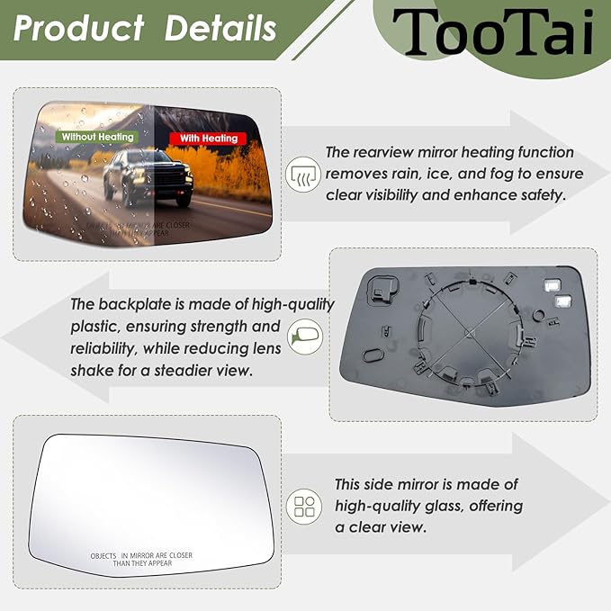 Passenger Side Replacement Mirror Glass - compatible with Chevy & GMC vehicles - Silverado 2019-2024, Sierra 2019-2024 -Heated with backing plate, no blind spot detection, w/o auto dimming
