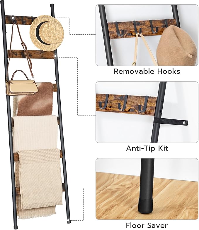 HOOBRO Blanket Ladder, 6-Tier Towel Rack with Hooks, Wall-Leaning Blanket Rack, Decorative Display Ladder Shelf, Scarves, Ind