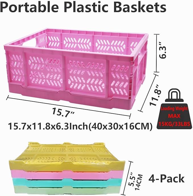 20L Folding Crate, 4Pack Plastic Storage Baskets Organizer for Home and Office,Collapsible Storage Crates for Home Office and