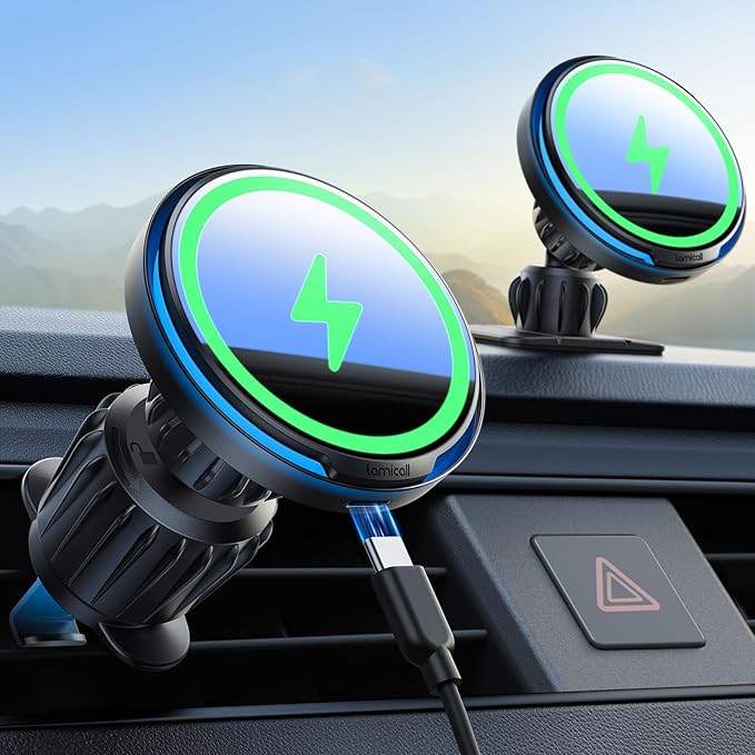 Lamicall for MagSafe Car Mount Charger - 15W Magnetic Wireless Car Charger Vent Dashboard, 360° Rotation Magnetic Phone Holder for Car Charging HandsFree for iPhone 17 16 Pro Max
