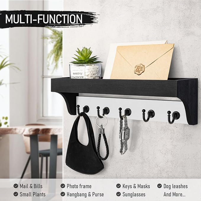 Rebee Vision Key Holder Wall Mount with Shelf - Decorative 2-Color Key Rack with 5 Rustic Key Hooks and Primitive Wood Mail O