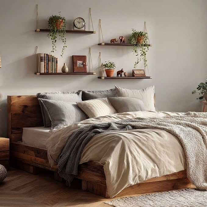 Pinkunn 4pcs Mid Century Modern Decor Walnut Floating Shelves for Wall Mounted Storage Shelves Solid Wood Rustic Decorative S