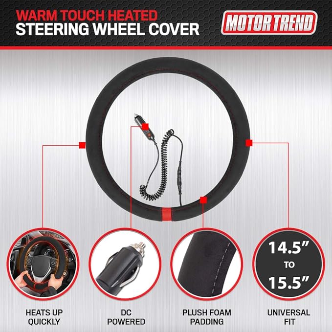 Motor Trend WarmGrip Heated Steering Wheel Cover – Hand Warming Steering Wheel Protector, Heats up Quickly - Fits Wheels 14.5-15.5" for Car Truck Van SUV (Black/Red Color)