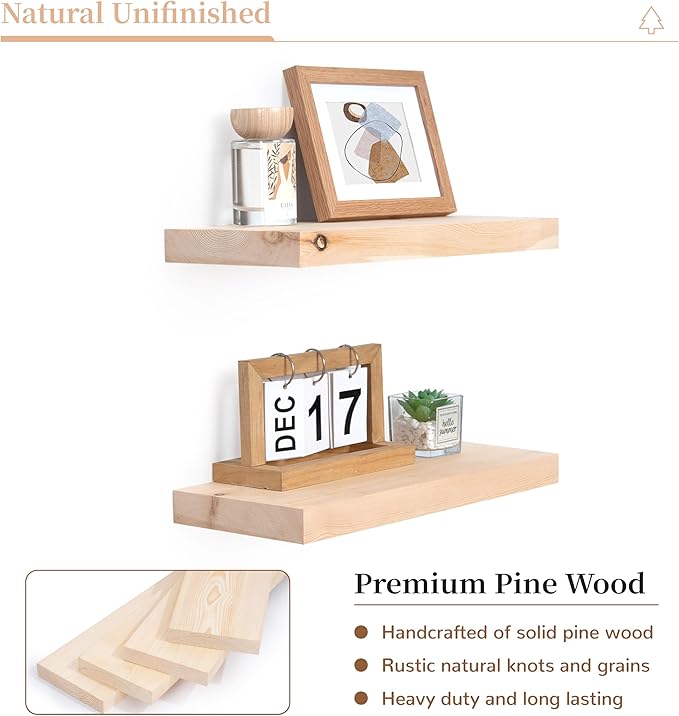 Marsmiles Natural Wood Floating Shelves | Unfinished Wood Wall Shelves Set of 2 | 16" W x 6.7" D Rustic Wooden Floating Shelv