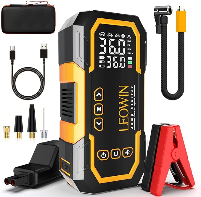 Jump Starter with Air Compressor, Battery Jumper Starter Portable(9.0 Gas/6.5L Diesel) with Tire Inflator, 12V Car Battery Jump Starter with Smart Jumper Cables, LED Light, LCD Display
