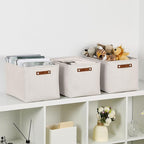 HNZIGE Large Fabric Storage Basket Organizers (3 PCS), Foldable Decorative Shelf Baskets with Leather Handles (Cream, 15" x 1