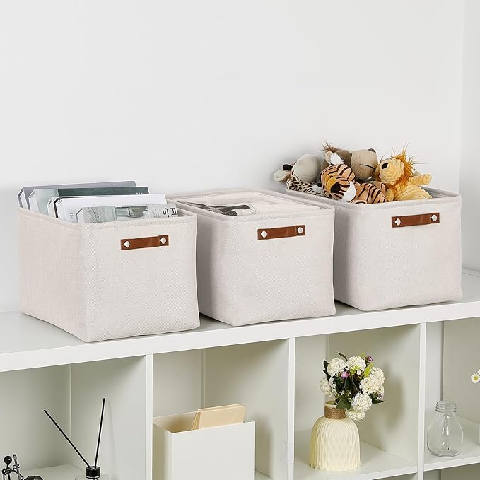 HNZIGE Large Fabric Storage Basket Organizers (3 PCS), Foldable Decorative Shelf Baskets with Leather Handles (Cream, 15" x 1
