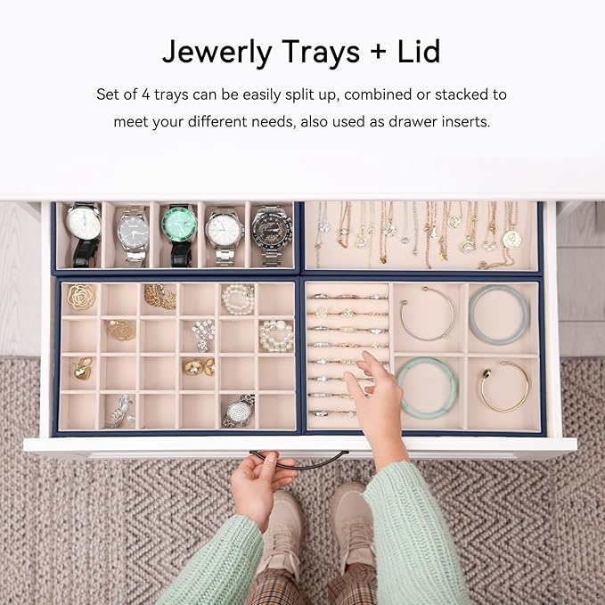 Voova Stackable Jewelry Organizer Tray with Lid, PU Leather Jewelry Storage Holder for Drawer Inserts, Jewellery Display Box 