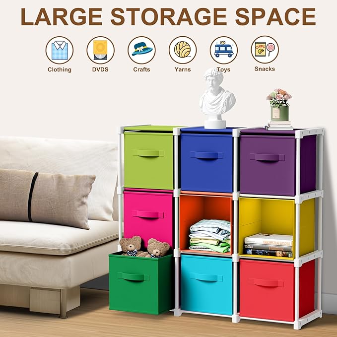 9 Cube Storage Organizer with Shelf Back to School Boxes 11 Inch Toy Storage Bins Closet Organizers Drawers Fabric Dresser fo