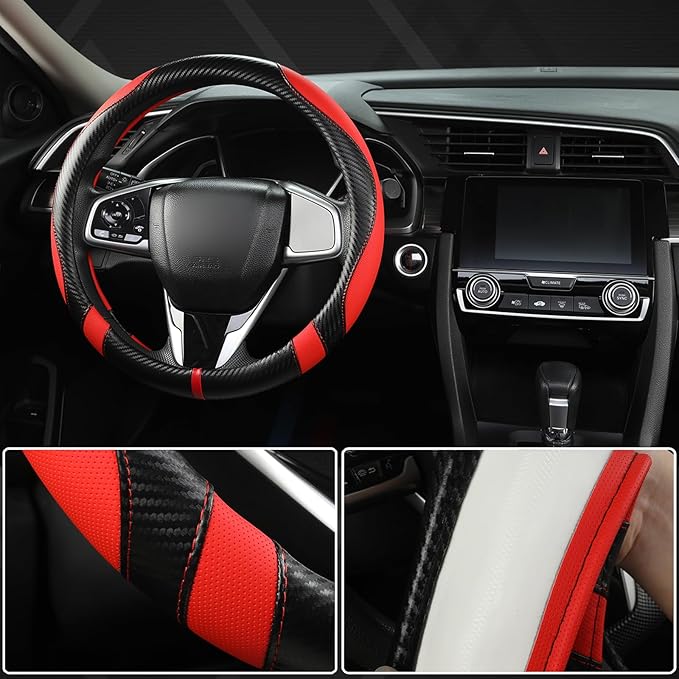 West Llama Carbon Fiber Car Steering Wheel Cover for Honda,Anti-Slip, Full Surround Breathable Leather Auto Protector(Black+R