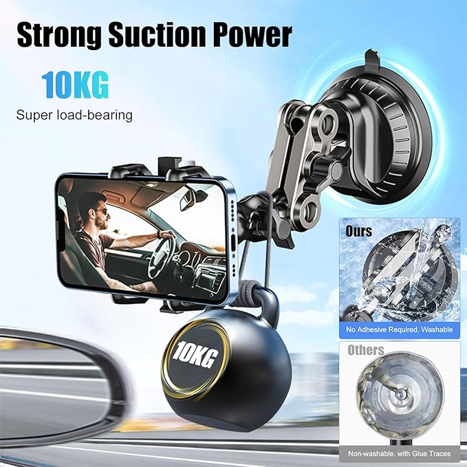 Car Phone Mount Video Recording, Universal 360° Rotating Arm Suction Cup Car Phone Holder Vlog Selfie Live Streaming Heavy Duty Car Phone Mount for Dashboard, Windshield, Sunroof (Black)