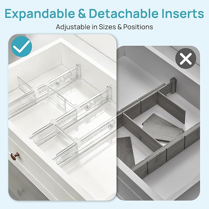 Vtopmart 2.36” Drawer Dividers with Expandable Inserts, 12.8"-22.3" Adjustable Kitchen Drawer Organizer, Clear Plastic Organi