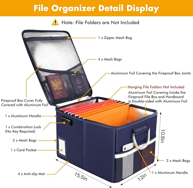 TOMKID 5200°F Fireproof Document Box, Fire Important Document Organizer with Lock, Upgraded Heat Insulated Filing Storage Cab