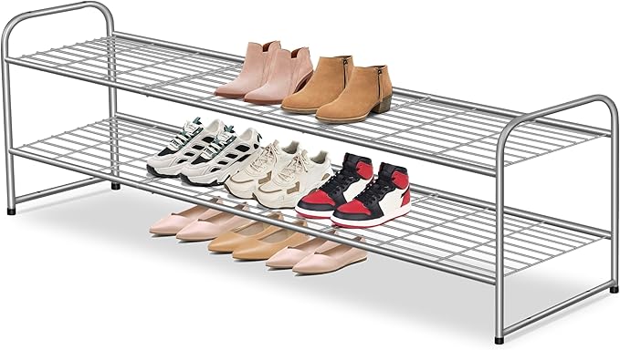 AOODA 2 Tier Long Metal Shoe Rack for Closet Wide Stackable Shoe Storage Organizer 18-Pairs Low Small Sneaker Rack for Entryw