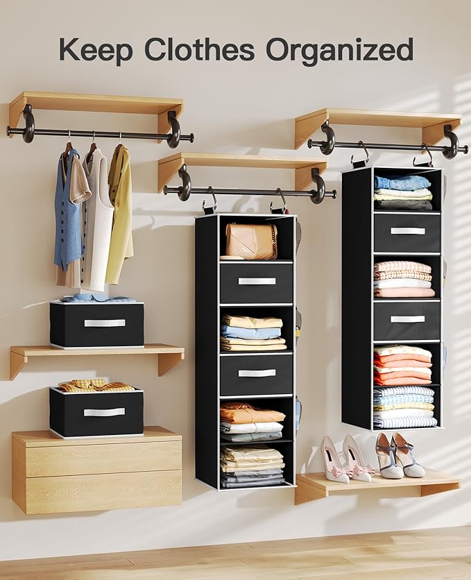 Pipishell Hanging Closet Organizer 6-Shelf, Hanging Shelves for Closet with 3 Removable Drawers & Side Pockets for Bedroom, G