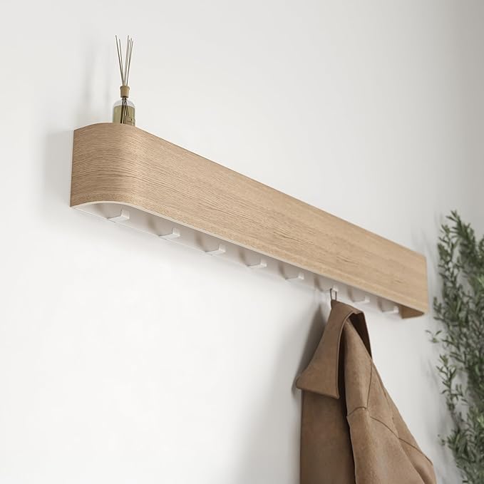 Kazai. Wall-Mounted Coat Rack 'Toke' - Modern Design Coat Rack with Hidden Wall Hooks - Solid Wood Veneer Panel Coat Hanger -